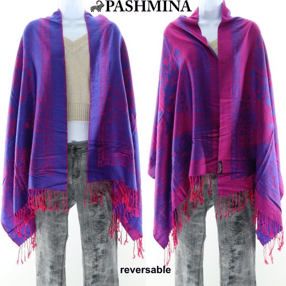 Pashmina 100% Cashmere Wrap β’ Reversable β’ Pink Purple β’ 74x28 - Picture 1 of 13